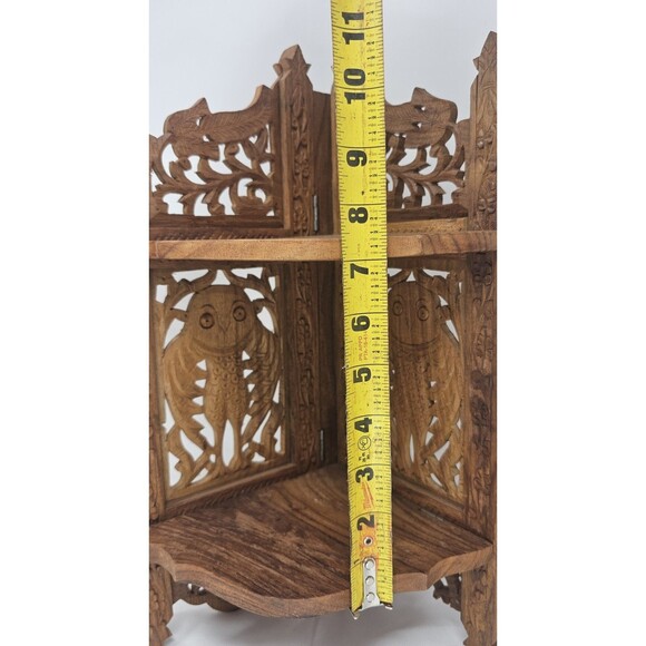 Vintage 16” Hand Carved Wood Folding Corner Display Shelf 2 Tier Owl India - Picture 16 of 16